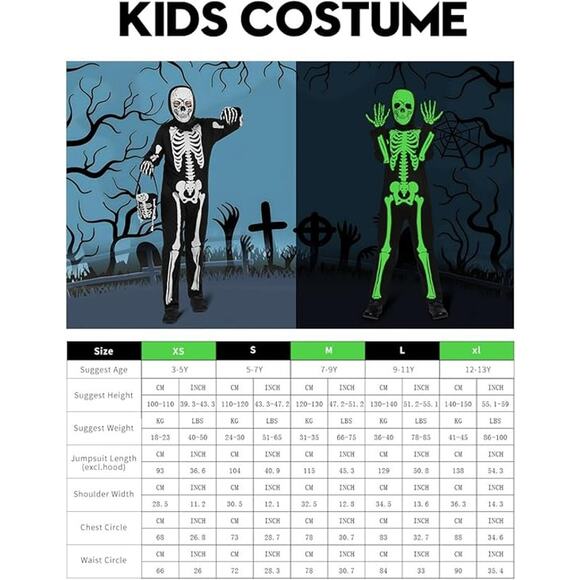 Glow in The Dark Skeleton Costume 2 Piece Set includes Jumpsuit Treat Bag size M - Picture 5 of 6